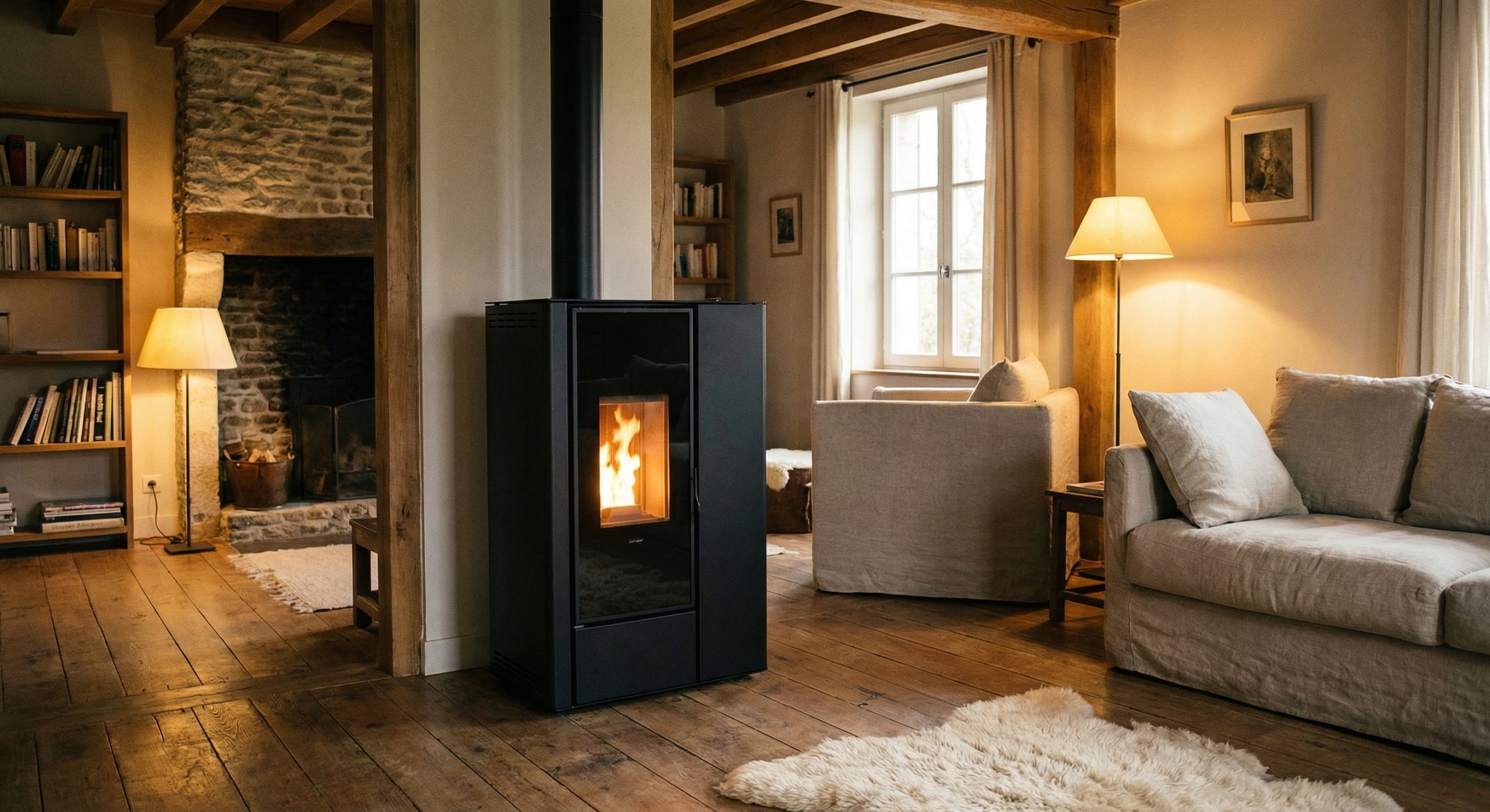 installation poele bois granules salon